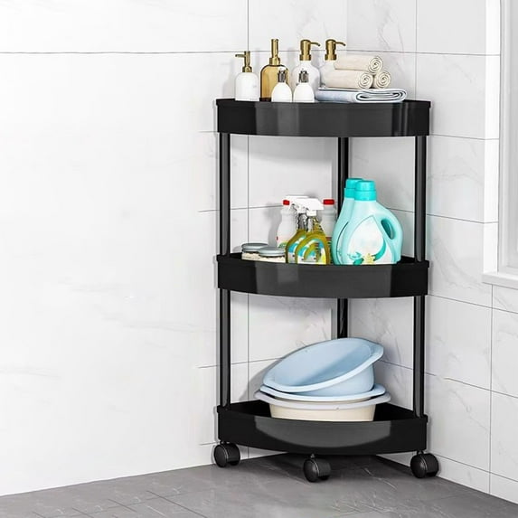 3-Tier Mobile Corner Shelf with Wheels - Bathroom Kitchen Storage Organizer for Toiletries Snacks, Space Saving Rolling Cart for Small Spaces