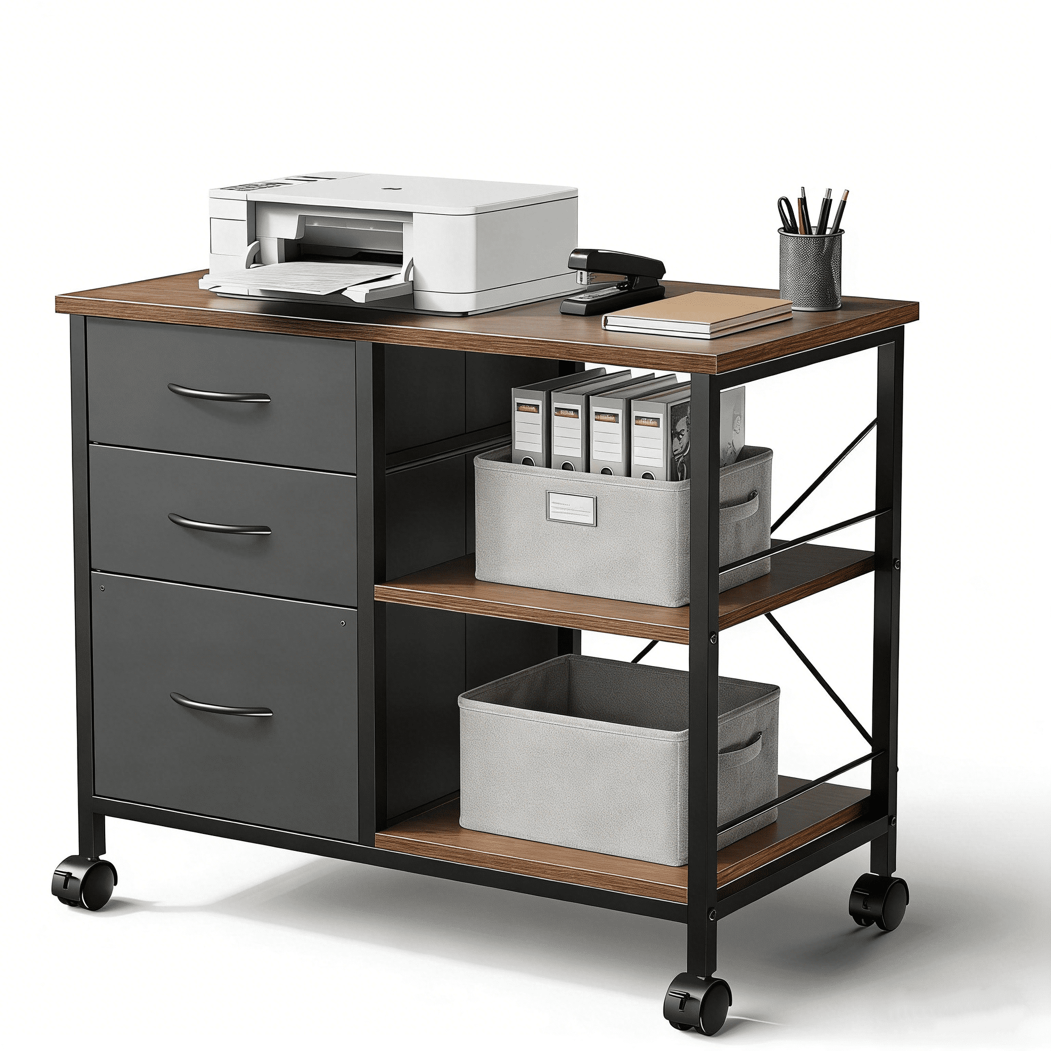 3-Tier Mobile File Cabinet, Rolling Printer Stand with Storage and Back Support Bar, 3 Drawer Lateral File Cabinet Holds 110lbs, for Home Office in Rustic Brown