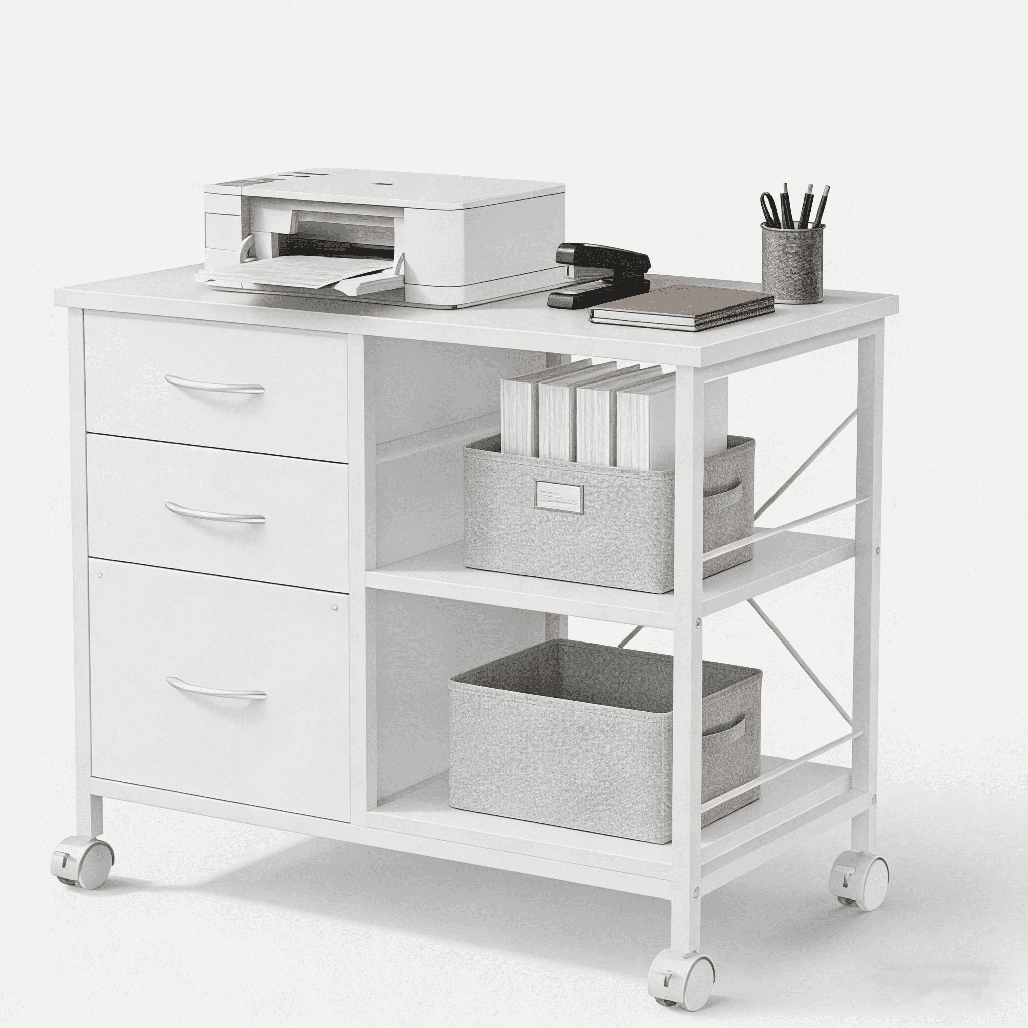 3-Tier Mobile File Cabinet, Rolling Printer Stand with Storage and Back Support Bar, 3 Drawer Lateral File Cabinet Holds 110lbs, for Home Office in Rustic White