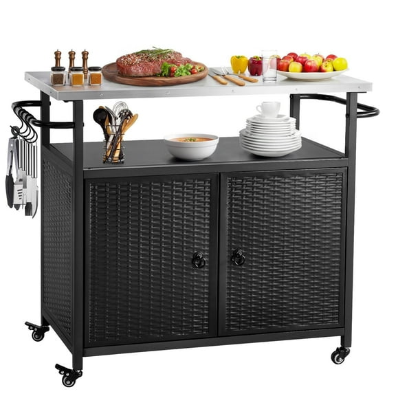 3-Tier Mobile Kitchen Island Cart | Stainless Steel BBQ Prep Table with Wheels, 71 Gal Storage for Outdoor Cooking, Parties & Backyard Fun - Black