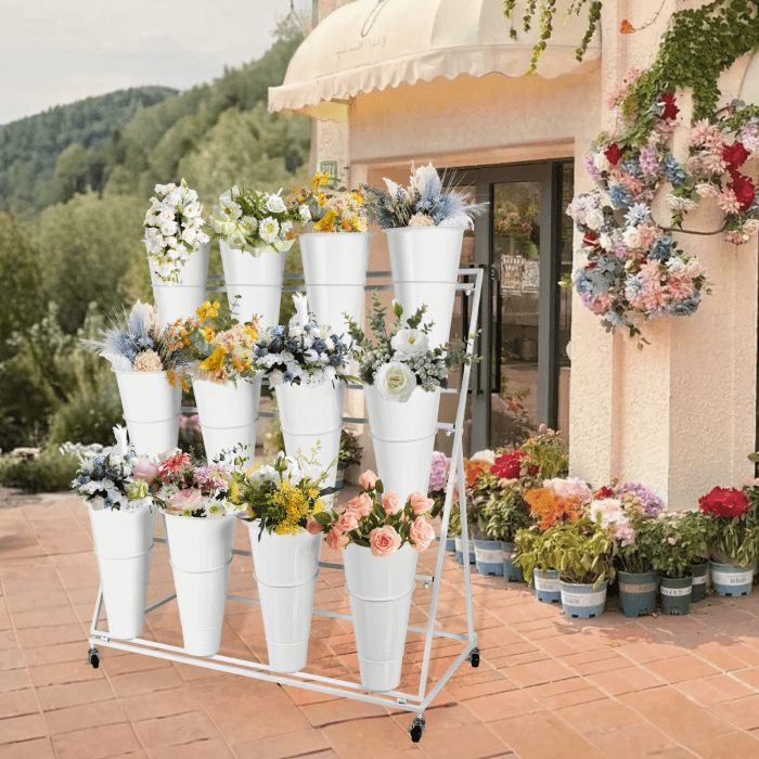 3-Tier Mobile Metal Flower Rack with 12 White Pots - Heavy - Duty ...