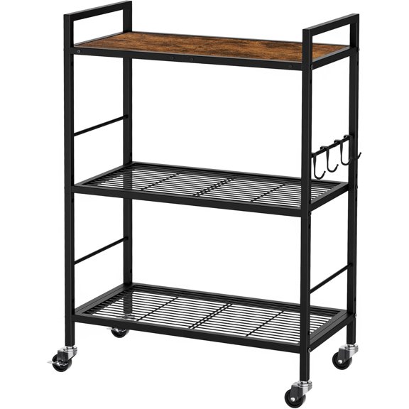 3-Tier Mobile Metal Storage Rack with Industrial Wheels, Adjustable Mesh Shelves and Wooden Top, 31.5-Inch Wide Utility Cart for Kitchen, Laundry, Pantry, or Plants, Black Finish