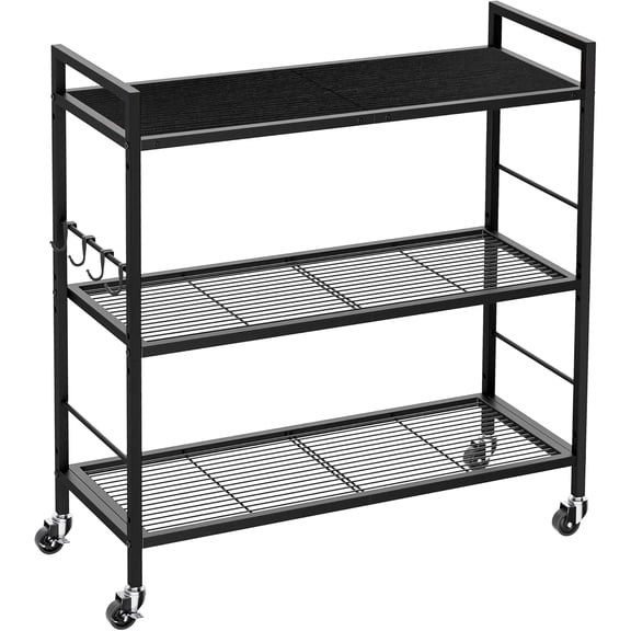 3-Tier Mobile Metal Storage Rack with Industrial Wheels, Adjustable Mesh Shelves and Wooden Top, 31.5-Inch Wide Utility Cart for Kitchen, Laundry, Pantry, or Plants, Black Finish