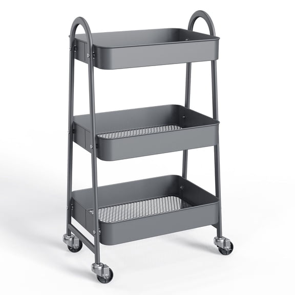 Metal Rolling Storage Cart - 3-Tier Mobile Kitchen Island & Serving Trolley - Gray
