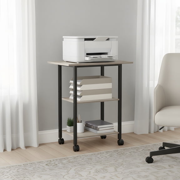 3-Tier Mobile Printer Stand with Storage Shelf - Industrial Oak Finish
