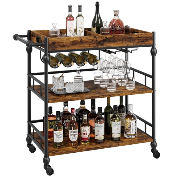 3-Tier Mobile Serving Cart with Wheels, Metal Rolling Bar Trolley with Removable Tray & Wine Rack Space-Saving Storage for Kitchen, Living Room & Dining Room, Brown