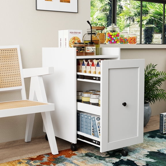 3 Tier Mobile Snack Organizer with Wheels, Slide Out Pantry Cabinet for Small Spaces, White Particle Board Storage Rack for Kitchen, Laundry, Office