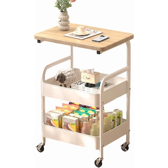 3-Tier Mobile Storage Cart on Wheels with Table Top,Metal Utility Storage Carts with Mesh Baskets,Rolling Storage Trolley for Living Room,Bedroom,White