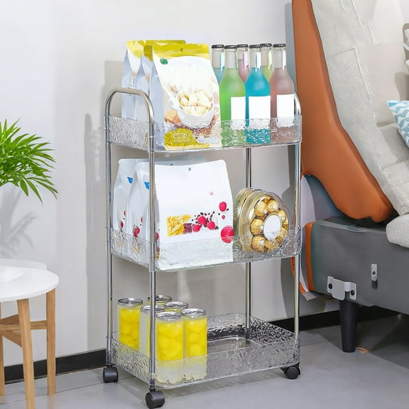 3-Tier Mobile Utility Cart Storage Rack with Wheels for Kitchen Bathroom Living Room Transparent Organizer Shelf Multi-Layer Rolling Cabinet