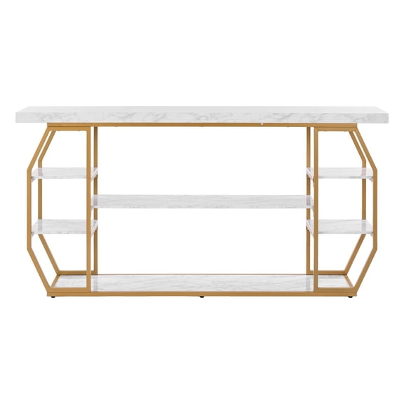 3-Tier Modern Golden Geometric Marble Console Table - Large Entryway Sofa Table with Metallic Frame