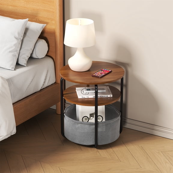3-Tier Modern Round Computer Desk, Sturdy Iron Frame Home Office Workstation with Removable Fabric Storage Basket for Small Spaces