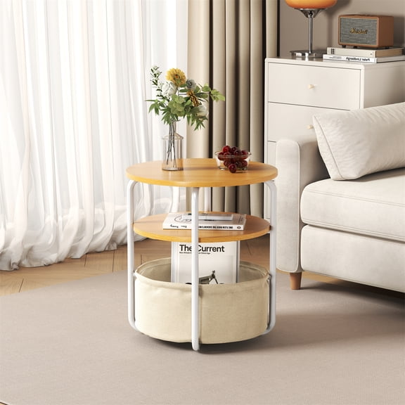 3-Tier Modern Round Computer Desk, Sturdy Iron Frame Home Office Workstation with Removable Fabric Storage Basket for Small Spaces