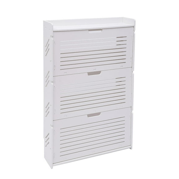 3 Tier Modern Slim Fold-Out Tilt Drawers PVC Entryway Shoe Storage Cabinet Stand