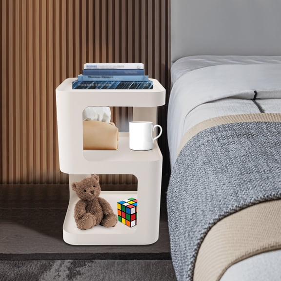 3 Tier Modern Small Side Table, White Metal Nightstand with Storage Shelf Space-Saving End Table, Unique Bedside Table for Bedroom, Living Room, Couch (White)