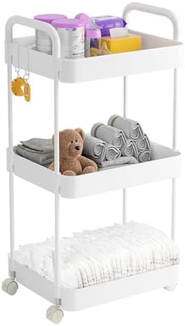 3-Tier Movable Diaper Cart with Wheels, Newborn Essentials Must Haves - Plastic White