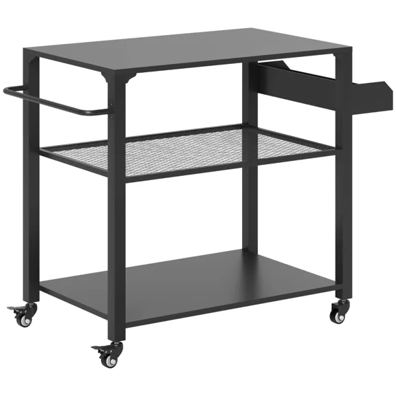 3-Tier Movable Grill Cart with Storage Racks, Side Handle, Powder-Coated Metal and Steel Frame