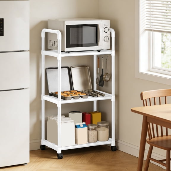 3-Tier Multi-Purpose Storage Rack - Movable Reinforced Iron Shelving Unit with Rolling Casters, Supports Microwave & Cookware, Stable Floor-Standing Organizer for Kitchen & Home, 41*13*17in, White