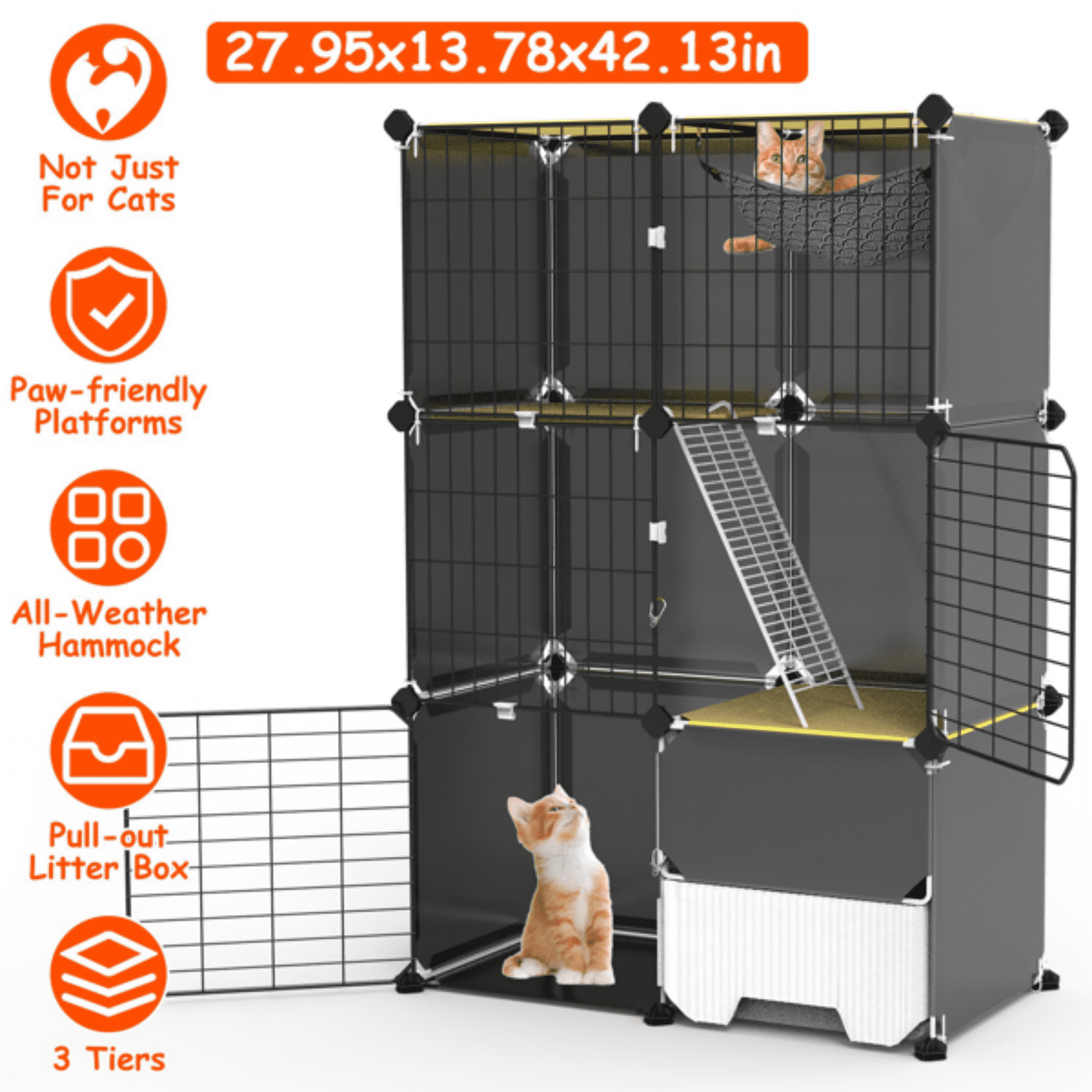 3‑Tier Multi‑Space Cat Enclosure Cage, Indoor Cat Play House with Litter Box Drawer, Reversible Hammock for Kittens, Rabbits, Chinchillas and Small Pets
