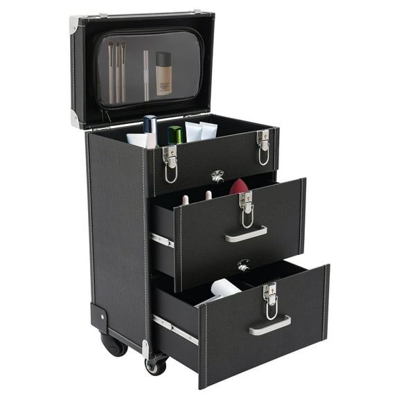 3-Tier Nail Polish Storage Box Travel Makeup Luggage Rolling Organizer Cosmetics Train Case Salon Makeup Transport Cart Luggage Trolley Suitcase Salon Trolley Cart with Wheels