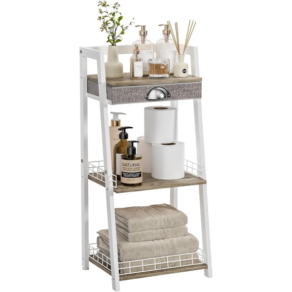 3-Tier Narrow Bathroom Shelves with Drawer, Bathroom Organizers and Storage, Open Floor Ladder Shelf, Freestanding Tower Slim Standing Unit for Small Spaces - Rustic Brown