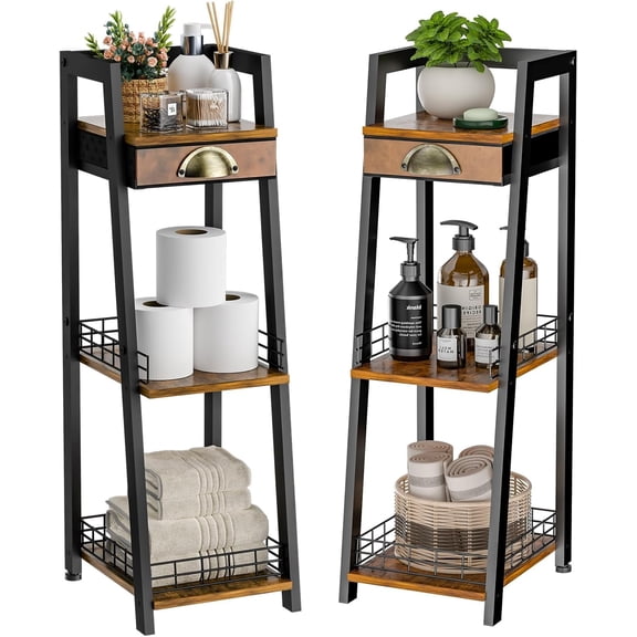 3-Tier Narrow Bathroom Shelves with Drawer, Bathroom Organizers and Storage, Open Floor Ladder Shelf, Freestanding Tower Slim Standing Unit for Small Spaces - Rustic Brown