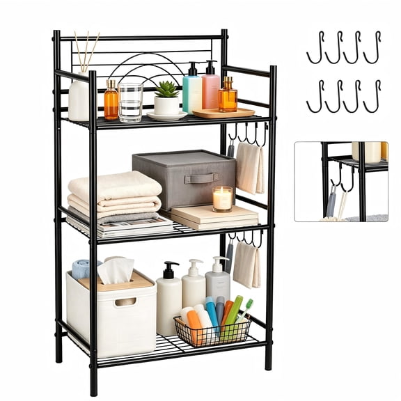 MENG 3-Tier Bathroom Organizer Shelves, Narrow Metal Freestanding Storage Rack for Small Spaces, Black