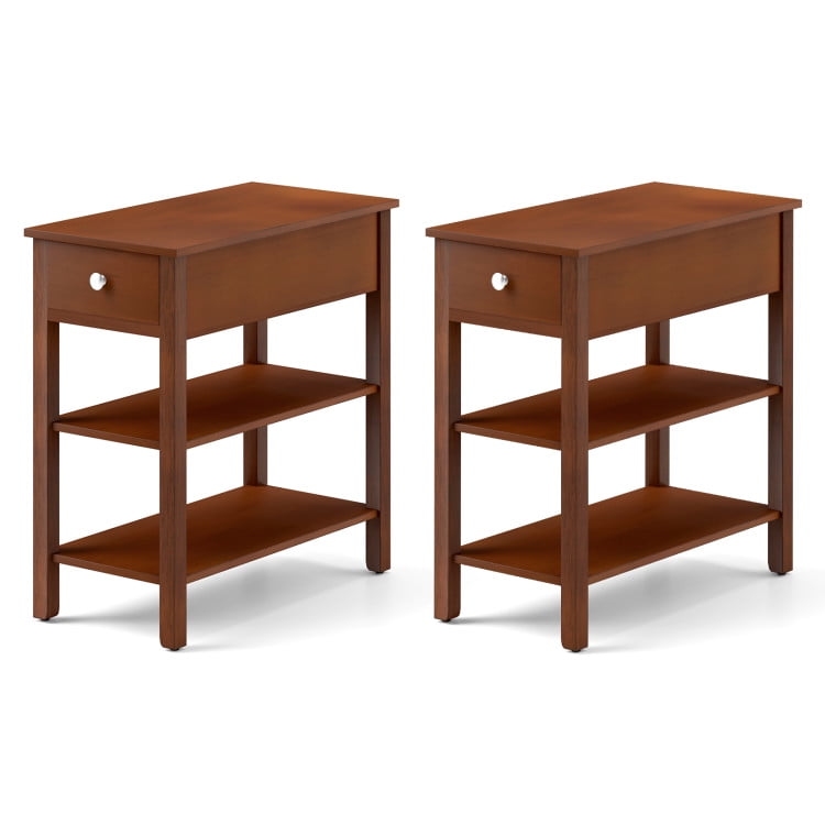 Brown Rubber Wood 3-Tier End Table with Drawer and Shelves