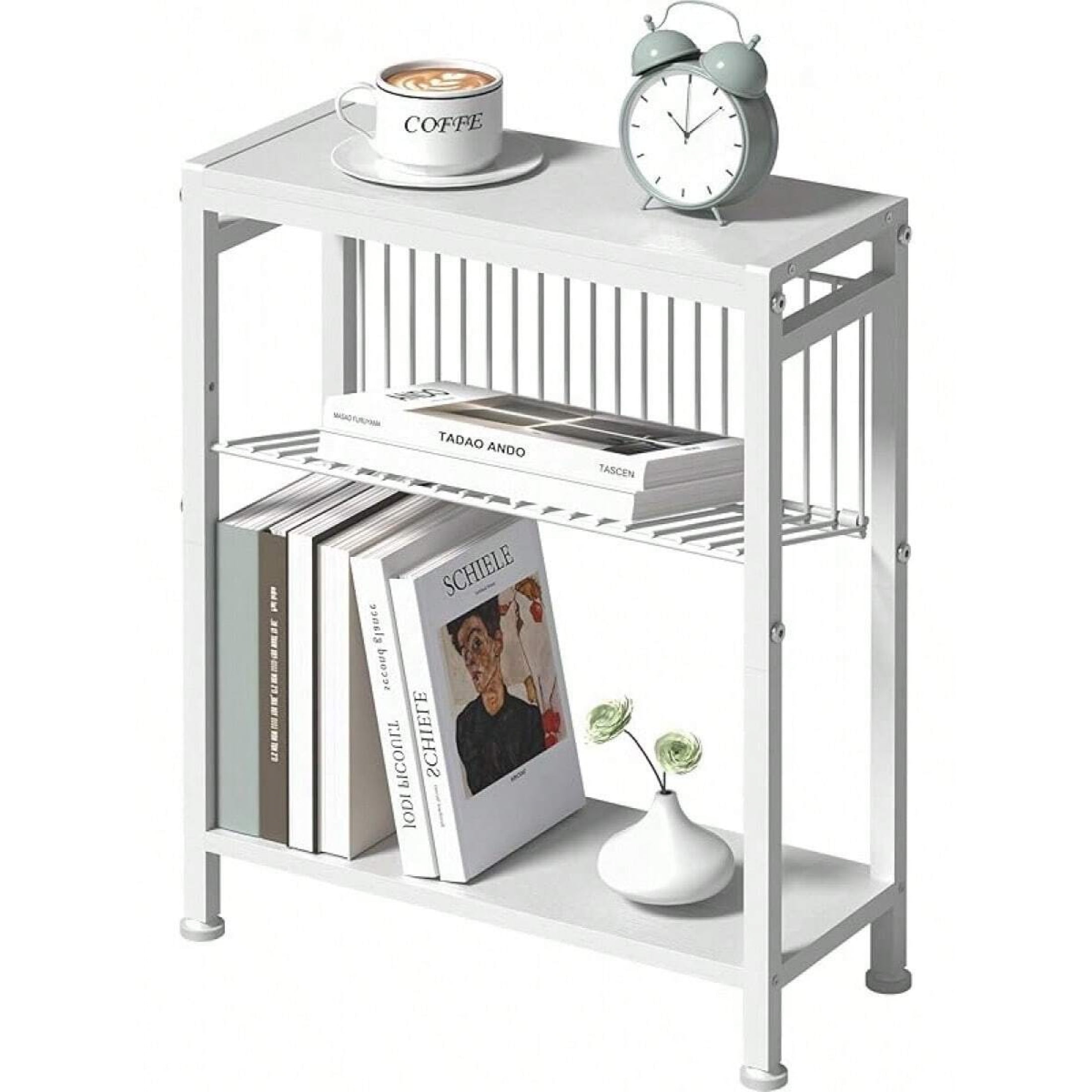 3-Tier Narrow Industrial Side Table, Metal Frame with Wood-Look Shelves ...