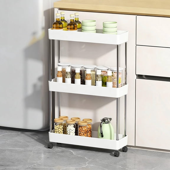 3-Tier Narrow Kitchen Shelving Unit on Wheels Slim Plastic Storage Cart