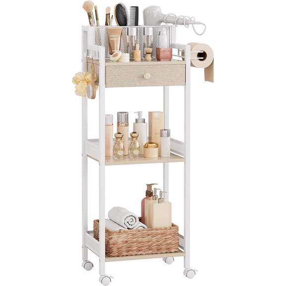 3-Tier Narrow Metal Standing Shelf with Toilet Paper Holder, Corner Storage Rack for Bathroom, Vanity, Kitchen, Laundry in Rustic Brown