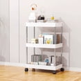 thumbnail image 1 of 3-Tier Narrow Rolling Storage Cart with Wheels and Brakes, Slim Plastic Crevice Rack with Adjustable Shelves & Hooks, Pull-Out Organizer for Bathroom Kitchen Laundry Gaps White, 1 of 6