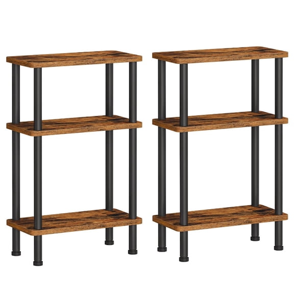 3-Tier Narrow Side Table, No Tools Twist-On Assembly Slim End Table, Industrial Skinny Nightstand with Open Storage Shelf, Rustic Brown & Black Compact Accent Furniture for Small Spaces, Living Room,