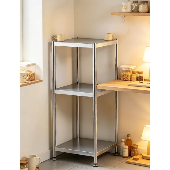 3-Tier Narrow Stainless Steel Corner Shelf Tall Skinny Storage Rack for Small Spaces, Kitchen Organizer, 13.8"