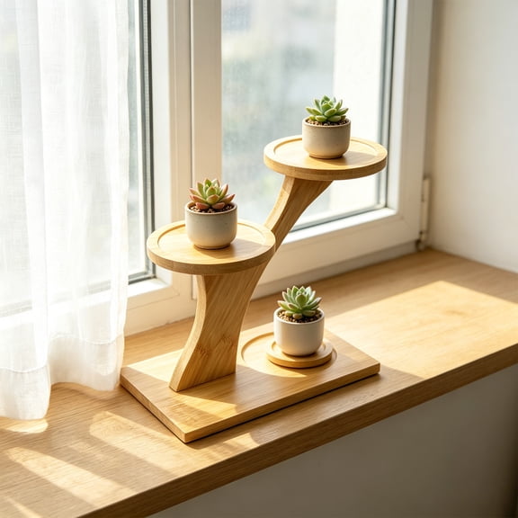 3-Tier Natural Bamboo Plant Stand with Round Trays, Space-Saving Tree-Shaped Tabletop Succulent Holder Rack for Windowsill Countertop Balcony