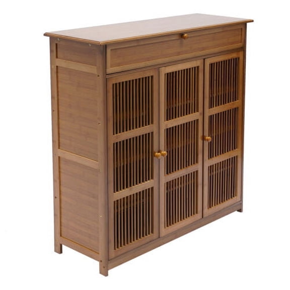 3-Tier Natural Bamboo[SLIPPER STORAGE SHELF] Shutter Door Shoe Cabinet w/Glove