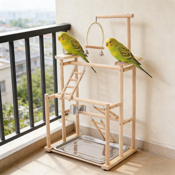 3-Tier Natural Beechwood Parrot Play Stand & Bird Gym with Ladder & Bell Swing, Compact Tabletop Activity Center for Small Birds - Parakeets, Cockatiels, Lovebirds