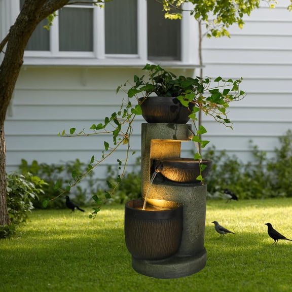 3-Tier Natural Bowl Cascading Garden Water Fountain with LED Lights - Water Fountain Outdoor Indoor Decor for Garden, Patio, Deck, Porch and Office Living Room Home Art Decor 10"x9"x20"