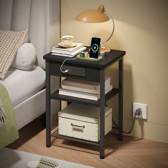 3-Tier Nightstand With Charging Station - Fabric Drawer Storage Bedside End Table for Bedroom Home Decor