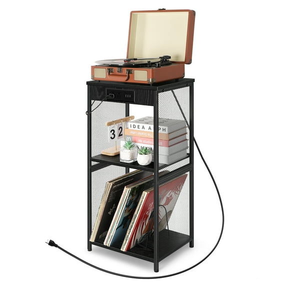 3 Tier Nightstand w/Charging Station, Record Player Stand Vinyl Record Holder