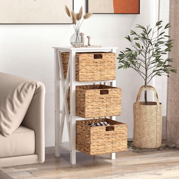 3-Tier Nightstand with Wicker Baskets, Wooden X-Design Side Table for Bedroom Storage