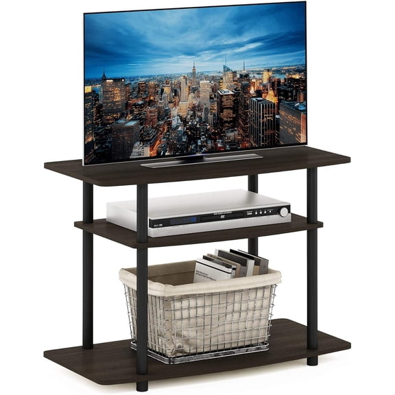 3-Tier No-Tools TV Stand for TVs up to 32 Inches, Round Tube Design, Dark Brown/Black