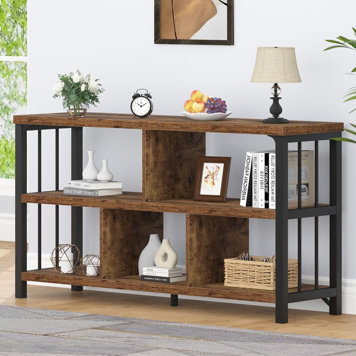 3 Tier Open Book Shelf, Wood and Metal 5 Cube Storage Organizer, Modern