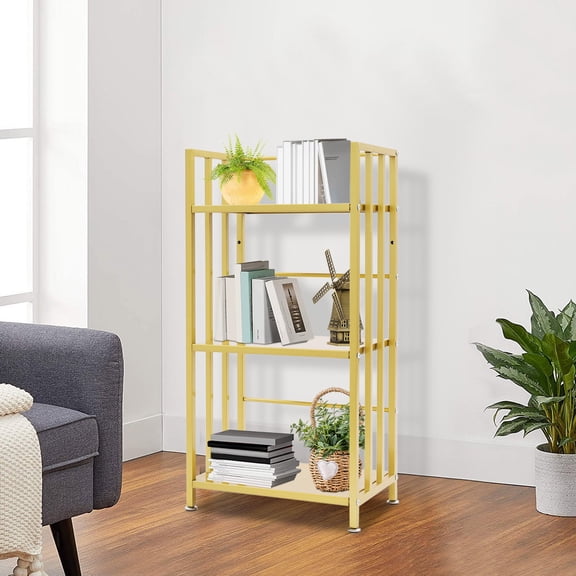 3-Tier Open Bookshelf, 23.62" Wide Narrow Industrial Metal Bookcase, Freestanding Tall Display Storage Rack (30lbs/Shelf), Modern Shelving Unit for Living Room Bedroom Office (Gold)