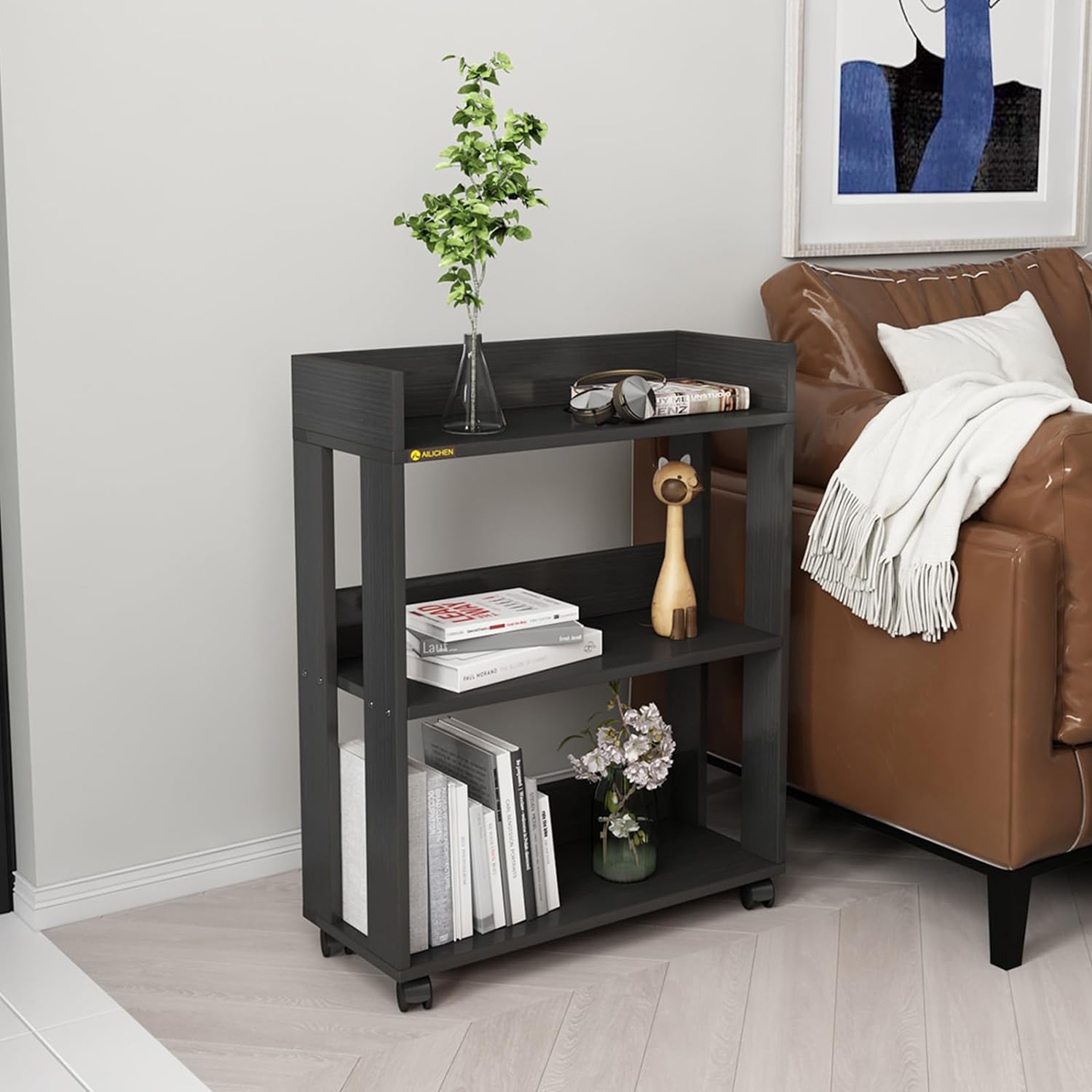 3 Tier Open Bookshelf Small Bookshelves Display with Wheels Movable