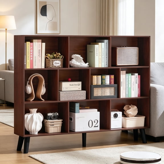 3-Tier Open Shelf Bookcase, 10 Cube Storage Organizer with Anti-Tilt Device, Freestanding Book Storage Shelves for Bedroom, Living Room, Walnut