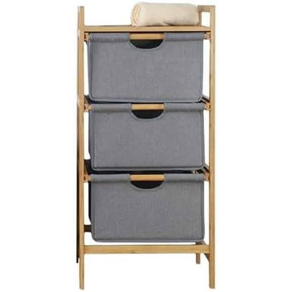 3-Tier Organizer Storage Shelf with Bamboo Frame and Pull Out Fabric Baskets Storage Drawers Unit, Tower Organizer Three Part Compartment Sorter Basket for Bathroom Bedroom Clothes Organize
