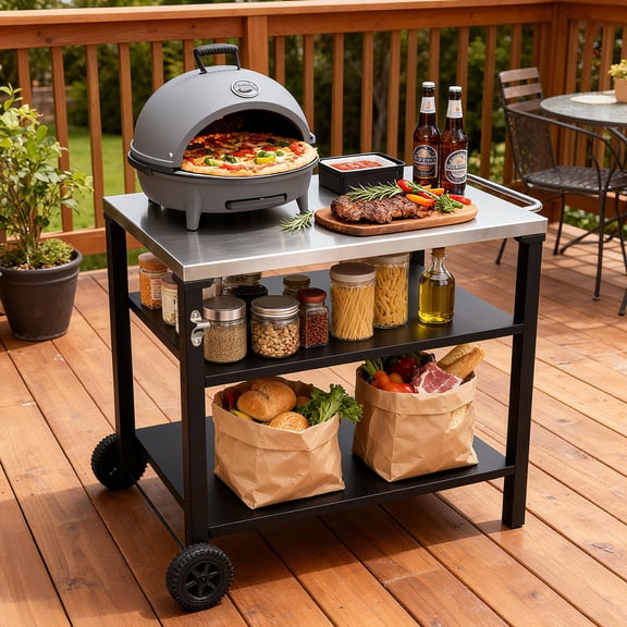 3-Tier Outdoor Grill Cart with Stainless Steel Top, Movable BBQ Prep Table with Wheels, Rolling Serving Bar Cart for Patio, Backyard, Pizza Oven Stand, Black