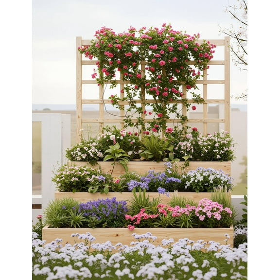 3-Tier Outdoor Standing Flower Beds – Vertical Planter Box with Trellis & Ventilated Base for Climbing Plants, Flowers, Herbs & Vegetables –  for Patio, Yard or Lawn
