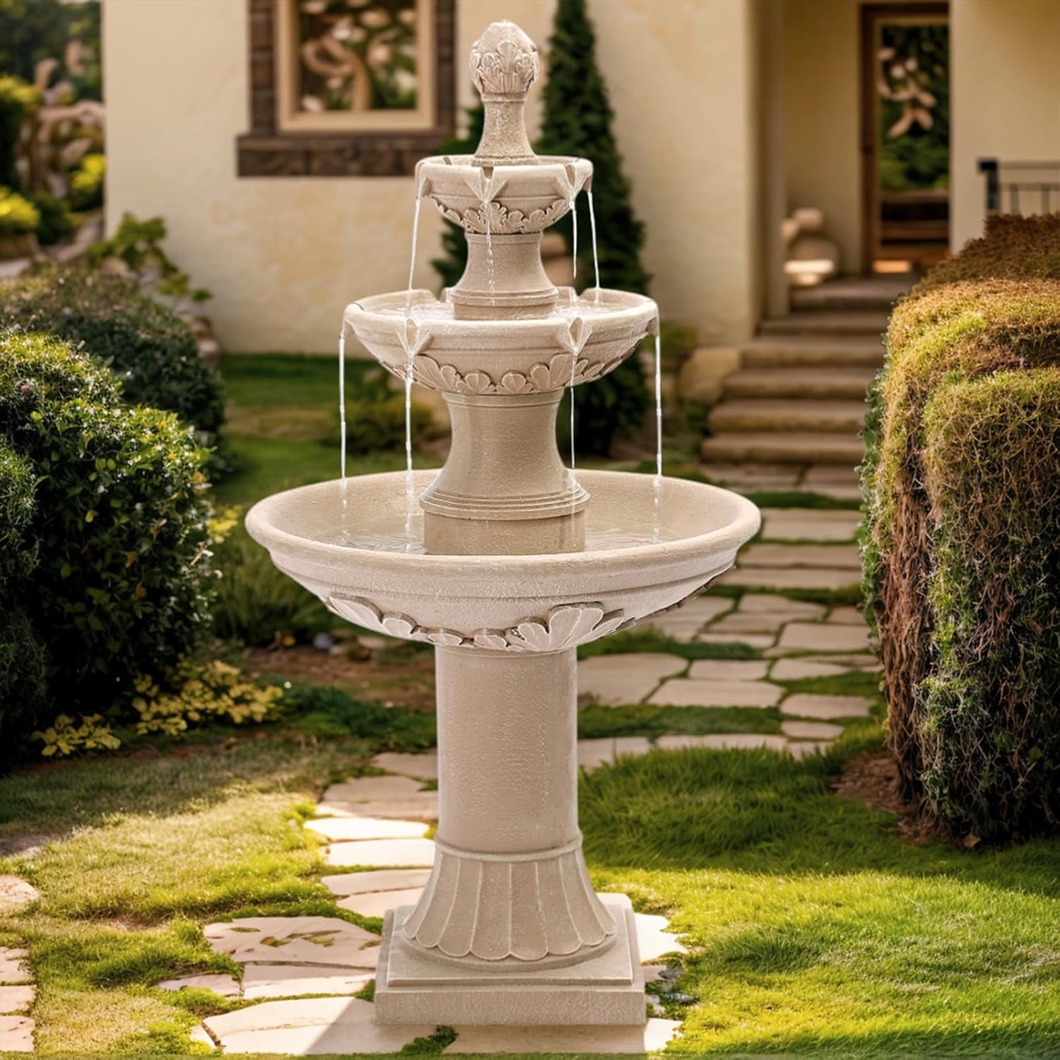 3-Tier Outdoor Water Fountain, 48.4" H Floor Backyard Garden Fountain, Water Feature Indoor with Pump, Outdoor Freestanding Waterfall Fountain, Bernini Fountain for Garden Patio Yard (Beige)
