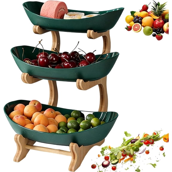 3-Tier Oval Fruit Basket with Bamboo Stand, Large Tiered Fruit Basket for Kitchen Countertop, Space-Saving Snack & Vegetable Display, Modern Home Decor, Easy to Clean (Green,3-Tier)